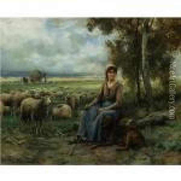 Shepherdess Watching Over Her Flock Oil Painting - Julien Dupre