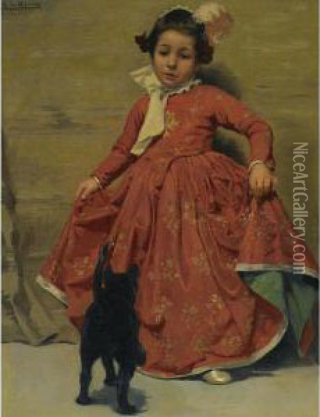 Senorita Bailando Para Su Gato (girl Dancing For Her Cat) Oil Painting - Andres Parlade Y Heredia