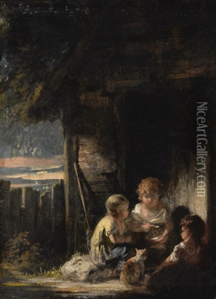 Three Children Outside A Cottage Door With A Cat Oil Painting - Joshua Reynolds