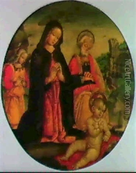 A Tondo: The Holy Family With An Angel, In A Landscape Oil Painting -  Antonio Massari da Viterbo