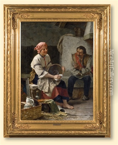 In Carpathian Hut Oil Painting - Julius Zuber