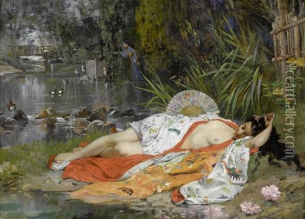 Geisha Reclining In The Garden Oil Painting - Edouard Castres