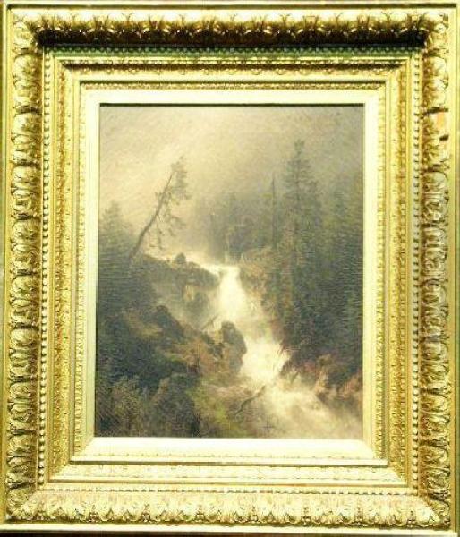 Cascade With Fisherman Oil Painting - Herman Herzog