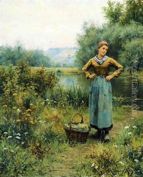 Girl In A Landscape Oil Painting - Daniel Ridgway Knight