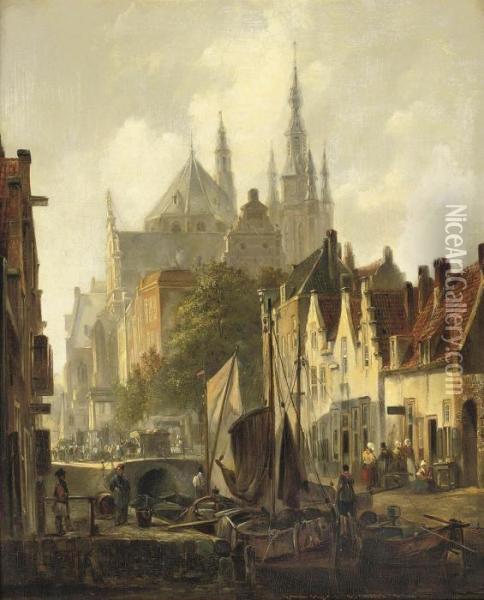 A View Of Delft With The Oude Kerk In The Distance Oil Painting - Johannes Bosboom