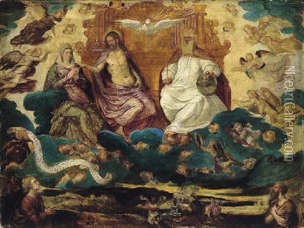 La Trinita Con La Vergine Incoronata In Veste Di Giustizia E Due Donatori Oil Painting -  Pozzoserrato