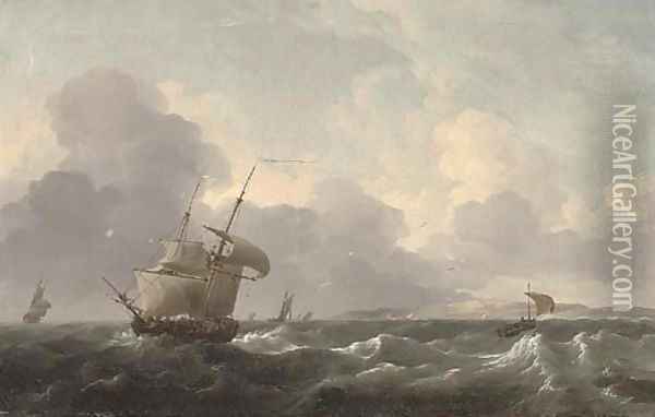 A Dutch merchant brig shortening sail off the coast ahead of the approaching squall Oil Painting - Ludolf Backhuizen