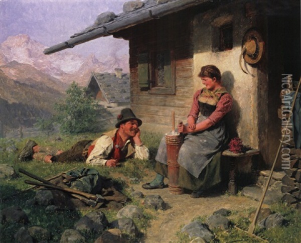Madel Und Bursch Vor Der Almhutte Oil Painting - Hugo Wilhelm Kauffmann