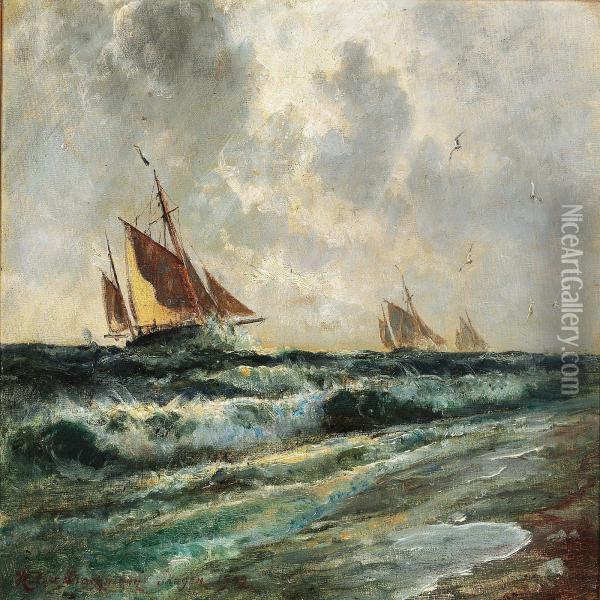 Seascape With Sailing Ships Off The Coast Of Skagen, Harsh Weather Oil Painting - Holger Drachmann
