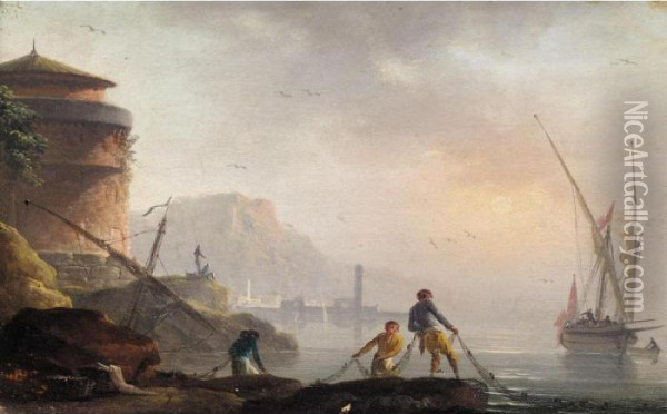 A Mediterranean Coastal Landscape With Fishermen Tending Their Nets Oil Painting - Claude-joseph Vernet