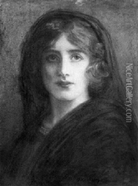 Portrait Of A Young Woman Wearing A Veil Oil Painting - Julius Johann Ferdinand Kronberg