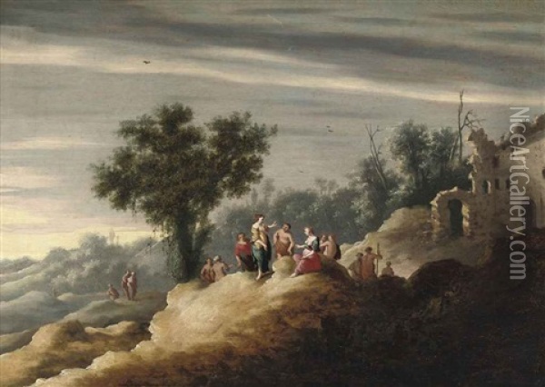 An Italianate Landscape With Figures Conversing Near A Ruin Oil Painting - Cornelis Van Poelenburgh