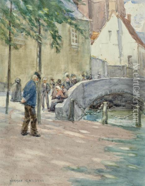 Figures By A Bridge, Brittany Oil Painting - Norman Garstin