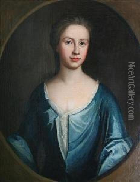 Portrait Of A Lady, Half Length, Wearing Ablue Dress, Within Painted Oval Oil Painting - Enoch Seeman