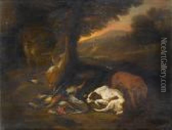 Spaniels Beside A Dead Heron, 
Finches And Hare In A Landscape; And A Hound And A Spaniel With Dead 
Ducks, Finches And Hare In A Landscape With A Huntsman Resting Nearby Oil Painting - Adriaen de Gryef
