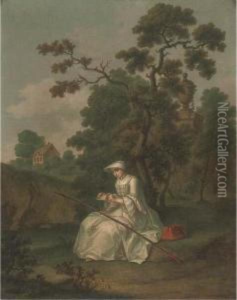 A River Landscape With A Young Lady Fishing Oil Painting - Hieronymus Lapis