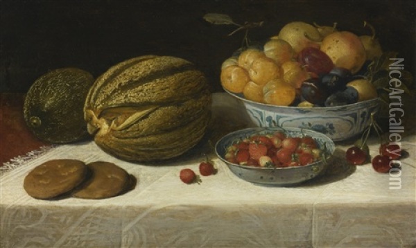 Still Life With Melons, Plums, Cherries, And Bread On A Table Draped With A White Damask Tablecloth Oil Painting - Floris Claesz van Dyck