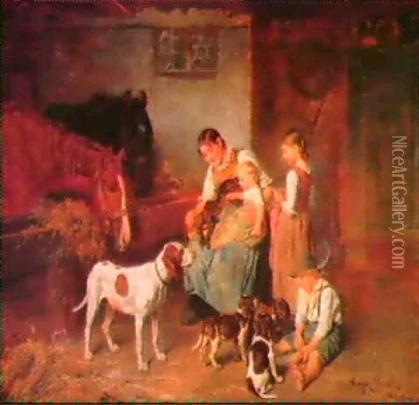 Familiengluck In Einem Scheuneninterieur Oil Painting - Adolf Eberle