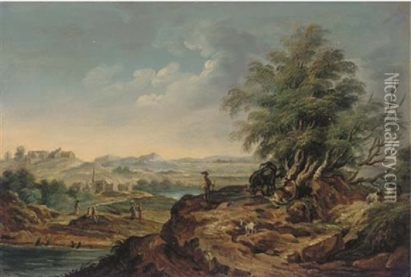 An Extensive River Landscape With A Large Tree, A Shepherd, Two Cows And Goats In The Foreground, A Village In The Background Oil Painting - Martin von Molitor