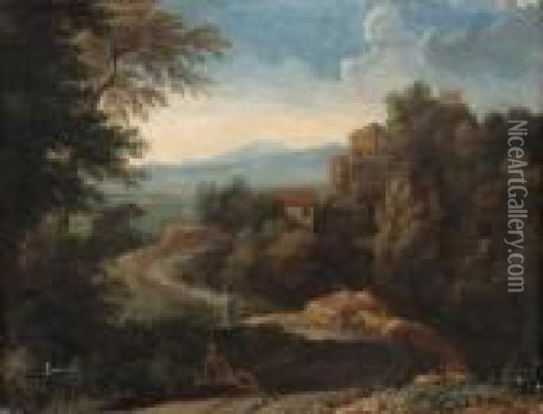 An Italianate Landscape With Figures By A Path Oil Painting - Gaspard Dughet Poussin