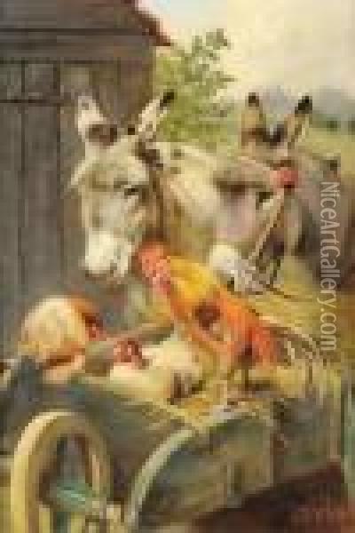 Two Donkeys Beside A Wheelbarrow, Cockerel And Hens In The Foreground Oil Painting - Herbert William Weekes