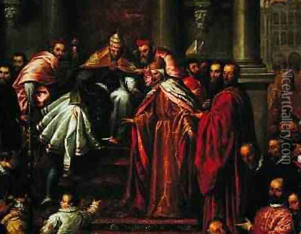 Pope Alexander III 1105-81 and Doge Sebastiano Ziani c.1102-80 Send the Young Ottone to Frederick Barbarossa c.1123-90 2 Oil Painting - Palma Vecchio (Jacopo Negretti)