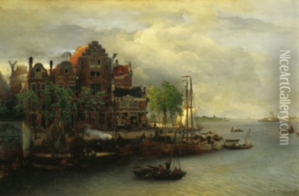 Abendstimmung In Einem Hollandischen Hafen (dordrecht?) Oil Painting - Andreas Achenbach