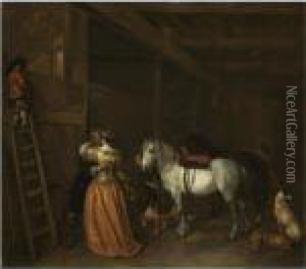 An Amorous Couple In A Stable With A Grey, A Bay Horse And Dogs Oil Painting - Hendrick Verschuring