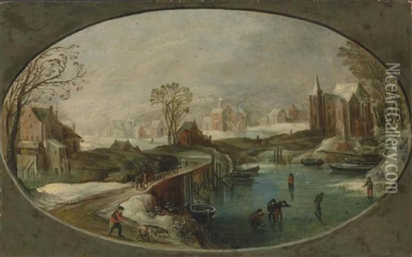 A Winter Landscape With Figures Playing Games On A Frozen River, A Faggot-gatherer And A Herdsman On A Path, A Village Beyond Oil Painting - Joos de Momper the Younger