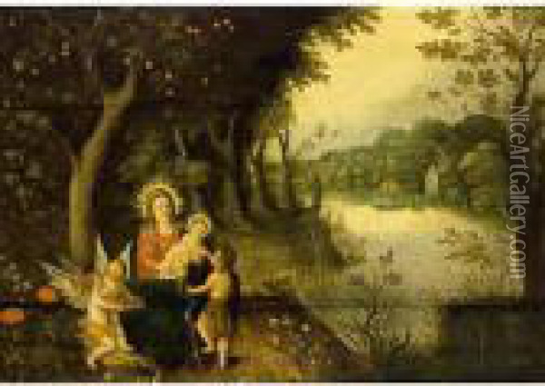 The Madonna And Child With St. 
John And Putti In A Wooded River Landscape, A Village Beyond Oil Painting - Pieter Van Avont