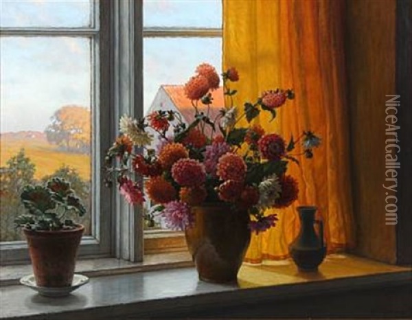 Flowers In A Window Sill Oil Painting - Wilhelm Andersen