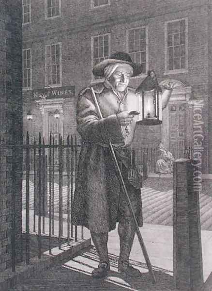 London Watchman with his Lantern by Moonlight, 1776 Oil Painting - John Bogle
