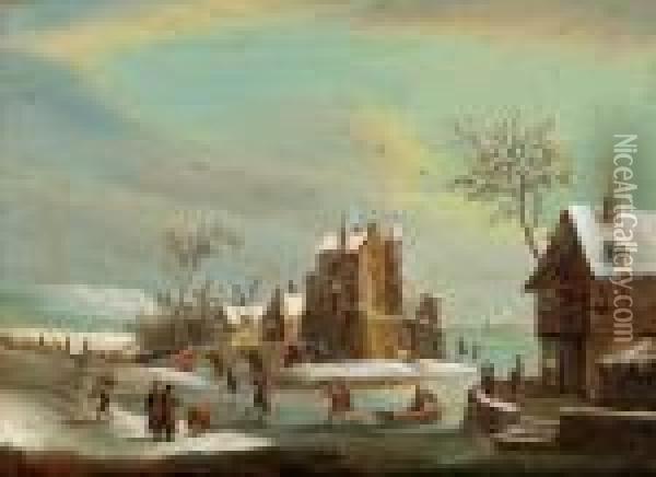 Paesaggio Invernale Con Pattinatori Sul Ghiaccio Oil Painting - Franz Hochecker