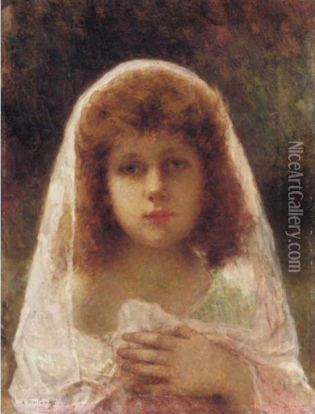 Young Girl In A Pink Veil Oil Painting - Alexei Alexeivich Harlamoff