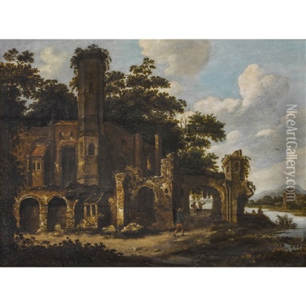 Ruinenlandschaft Am Fluss Oil Painting - Roelof van Vries