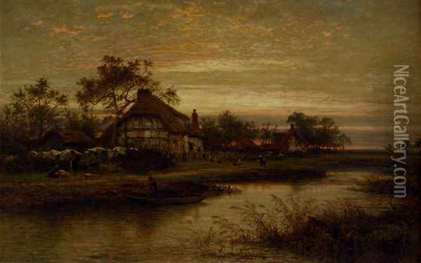 Worcestershire Cottage Homes, Evening Oil Painting - Benjamin Williams Leader