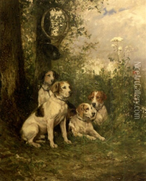 Hunting Dogs At Rest Beneath A Tree Oil Painting - Olivier de Penne