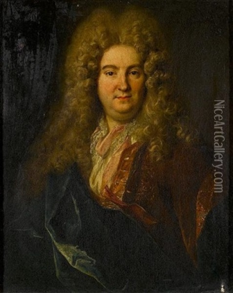 Portrait Of A Gentleman, In A Brown Coat With A White Chemise And Gold Waistcoat Oil Painting - Nicolas de Largilliere