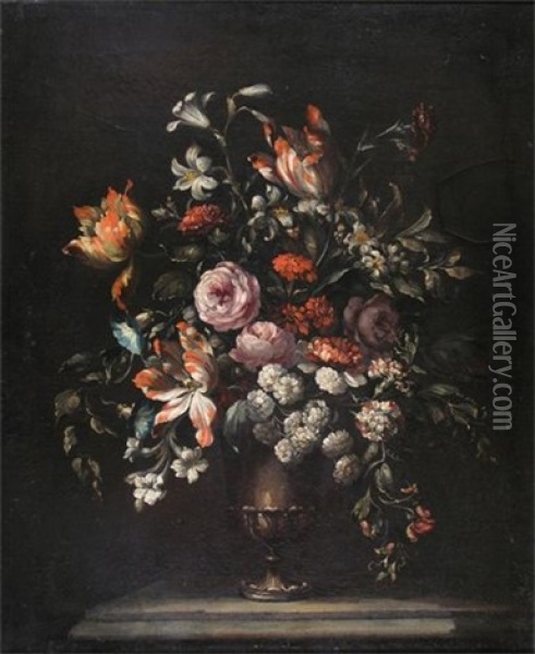 Still Lives Of Flowers In Silver Urns (a Pair; 2 Works) Oil Painting - Jean-Baptiste Monnoyer