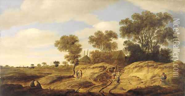 A dune landscape with figures by a farm, church spires in the distance Oil Painting - Isack Van Ruysdael