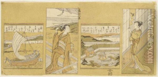 Two Views Of Omi Hakkei And Another Oil Painting - Suzuki Harunobu