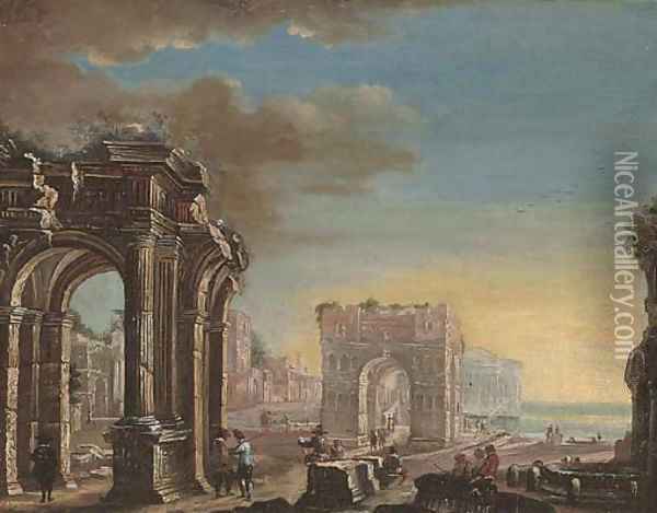 A capriccio of classical ruins with elegant figures conversing in the foreground Oil Painting - Gennaro Greco, Il Mascacotta