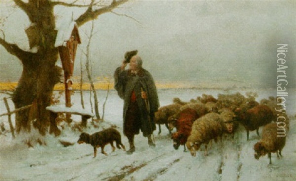 A Shepherd And His Flock Oil Painting - Adolf Ernst Meissner