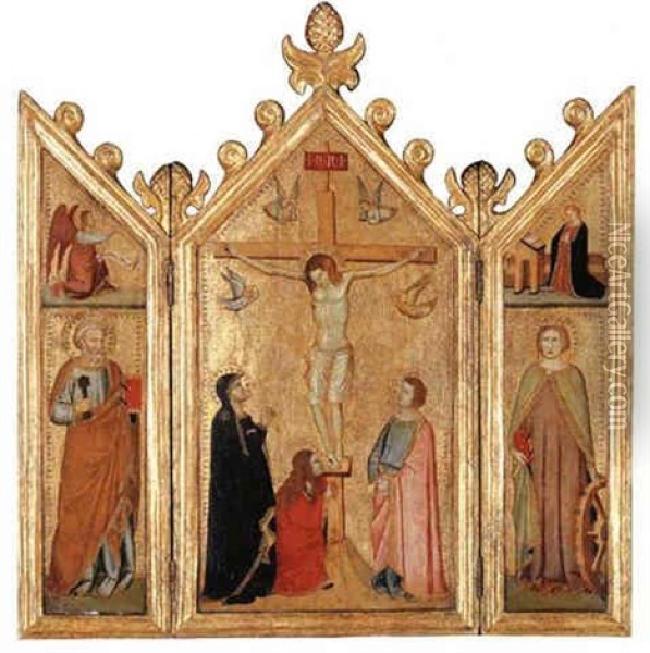 The Crucifixion With The Magdalen At The Foot Of The Cross; Saint Peter; Saint Catherine; The Annunciation Above Oil Painting -  Giotto