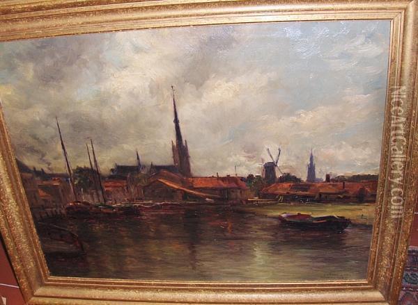 Dutch Canal Scene Oil Painting - Pierre Desire Eugene Franc Lamy