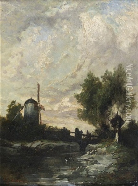 Moulin Au Bord De La Riviere Animee De Personnages Oil Painting - Eugene F. A. Deshayes