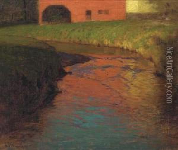Red Barn By A Stream Oil Painting - Lowell Birge Harrison