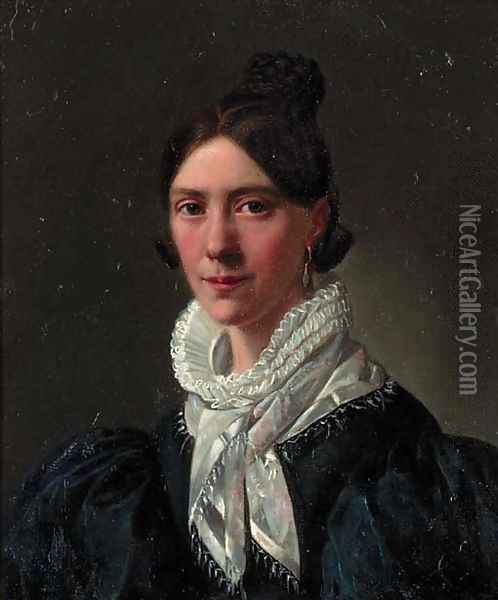 Portrait of a lady, bust-length, wearing a black dress with white lace collar Oil Painting - French School