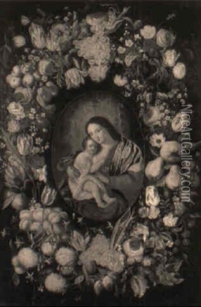 A Wreath Of Flowers Encirling The Virgin And Child Oil Painting - Daniel Seghers