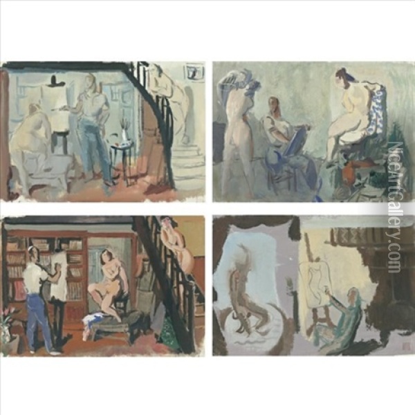 Studies Of The Artist And His Model (4 Works, One 1914, Sgd.) Oil Painting - Alexander Evgenievich Iacovleff